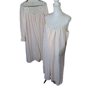 Soft Moments Night Gown Pajama Set Peach Lace Two Piece Embroidered Over Shirt M